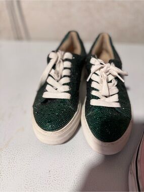 Betsey Johnson Emerald Green Glitter Lace-Up Platform Sneakers